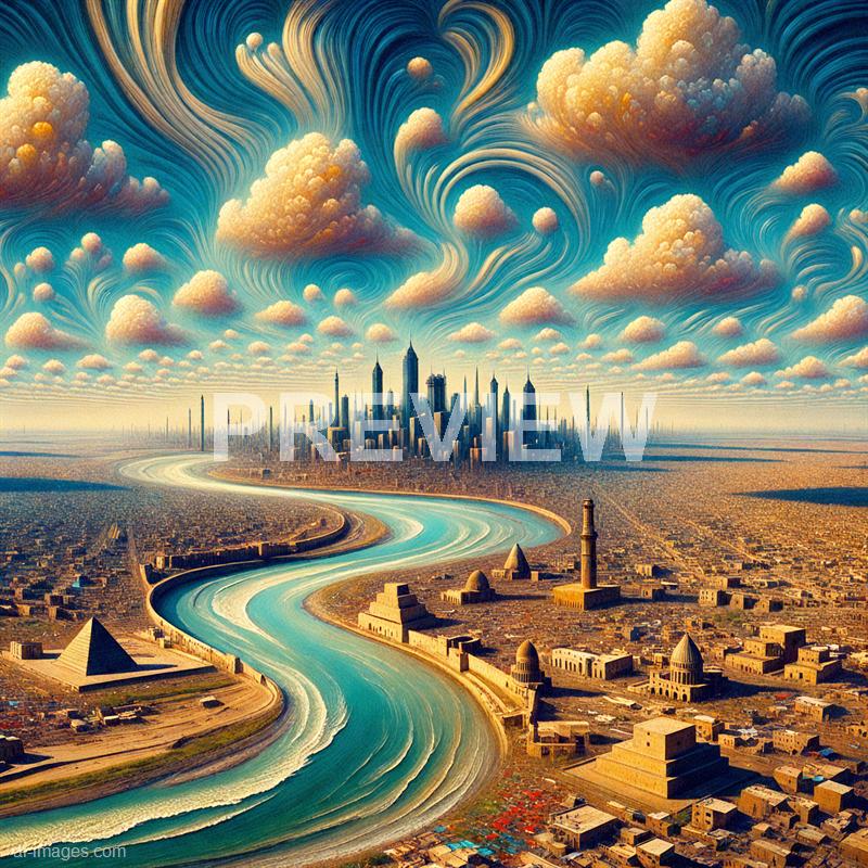 The image depicts a futuristic cityscape with a sprawling urban area featuring modern skyscrapers, including several tall, pointed towers, set along a winding river that cuts through the city. Above, the sky is filled with swirling, fluffy clouds and vibrant, dynamic patterns that give a surreal, almost dreamlike atmosphere to the scene. The overall composition combines elements of a bustling metropolis with a fantastical, artistic sky, creating a blend of reality and imagination.